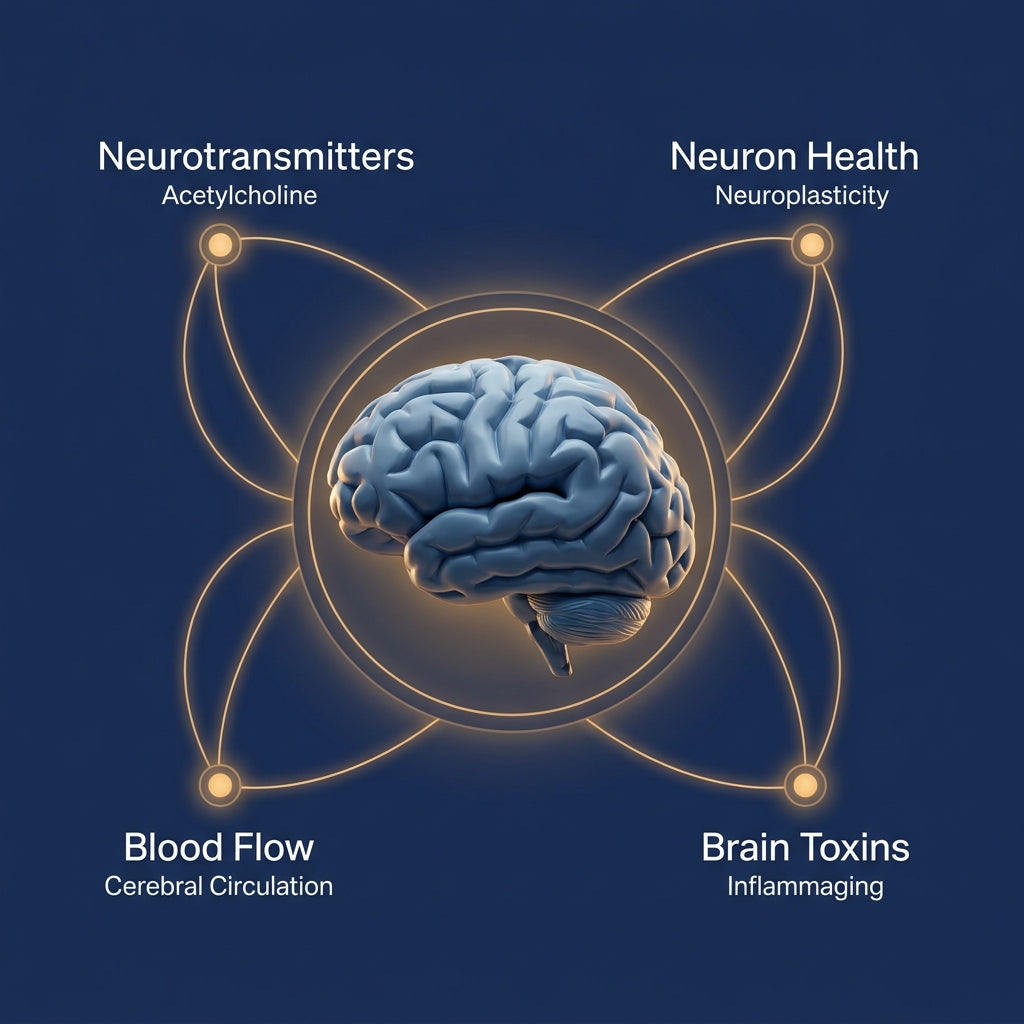 The four root causes of age-associated mental decline — a brain at center with four labeled orbiting nodes: Neurotransmitters (Acetylcholine), Neuron Health (Neuroplasticity), Blood Flow (Cerebral Circulation), and Brain Toxins (Inflammaging).