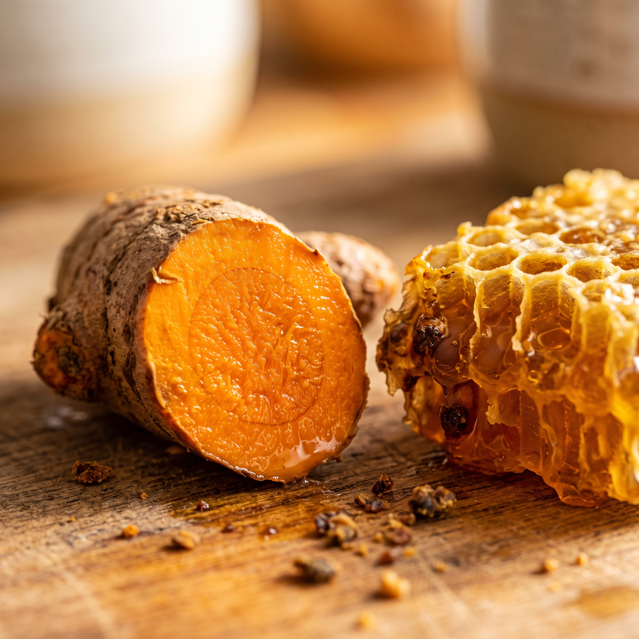 Turmeric root and honeycomb on warm wood