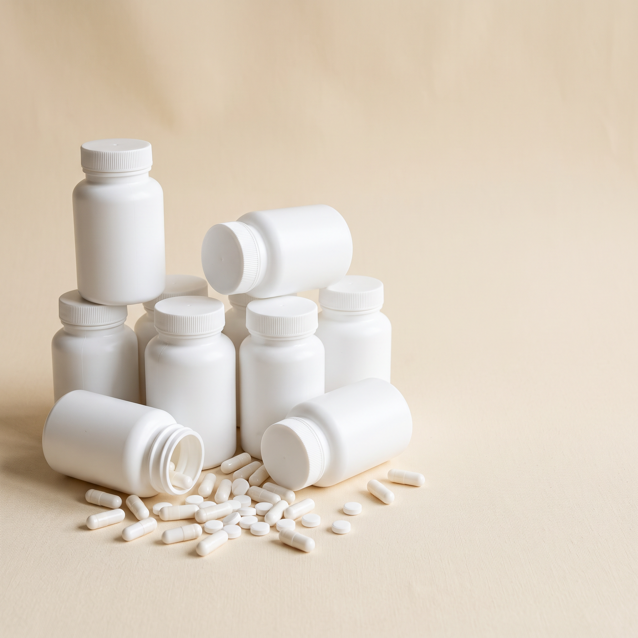 A pile of plain white bottles beside one clean NeuroQ bottle