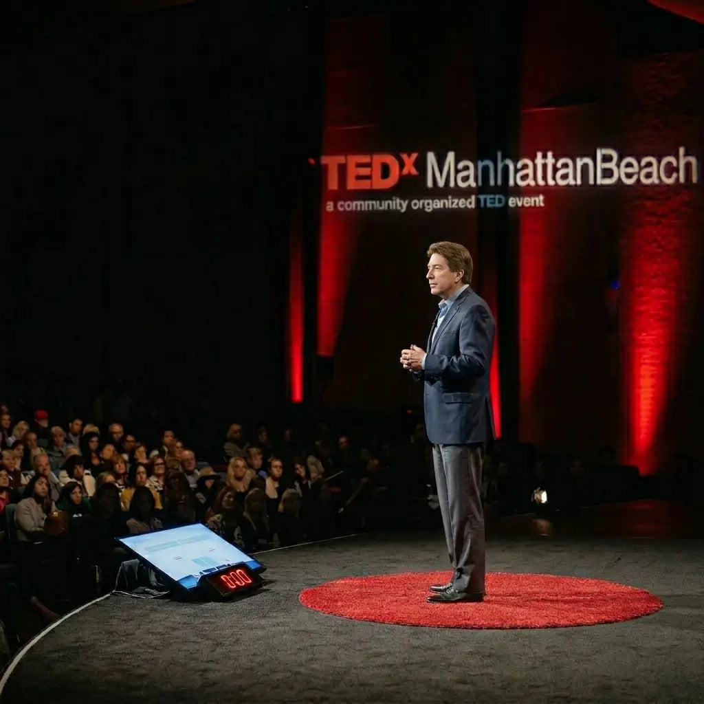 Dr. Dale Bredesen speaking on stage at TEDx Manhattan Beach