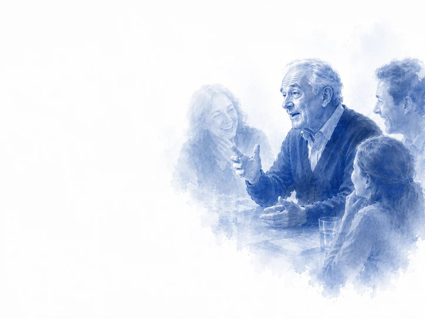 Ink-wash illustration of an older man at a family table, mid-story, the family around him leaning in and laughing.