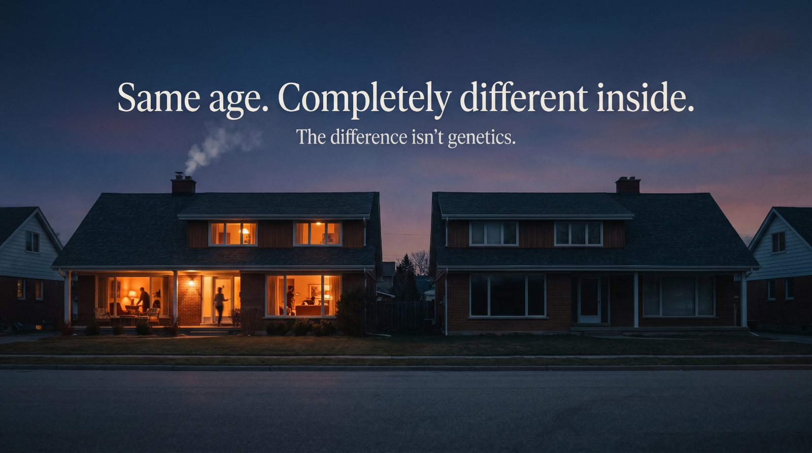 Two identical suburban houses at dusk — one warmly lit and full of life, the other dark and still. Headline reads: Same age. Completely different inside. The difference isn't genetics.